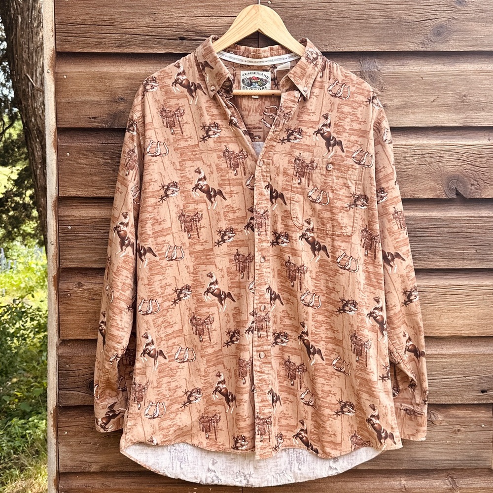Vintage button down Shirt by Cumberland Outfitters - horse/ranch theme - size L